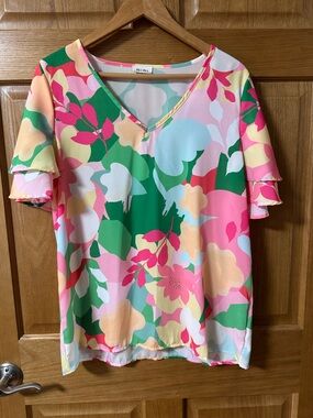 BiBi V-Neck Floral Ruffle Sleeve Top — Pink Green Multi